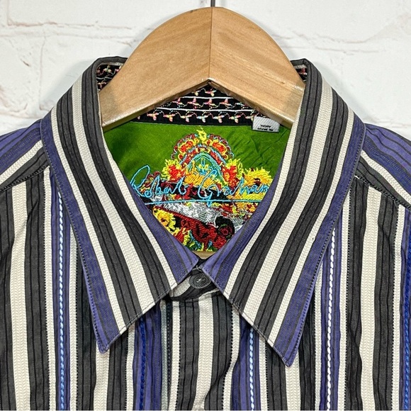 Robert Graham Shirt Mens XL Purple Stripe Button Up Classic Fit Flip Cuff - Picture 3 of 15